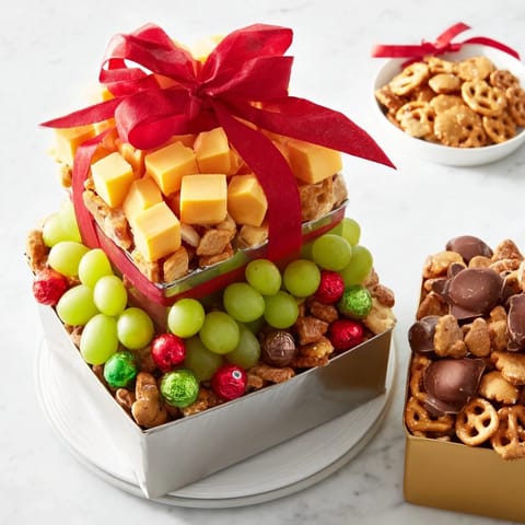 Festive Stacked Christmas Gift Snack Tower, a colorful holiday delight arranged with sweet and savory treats.