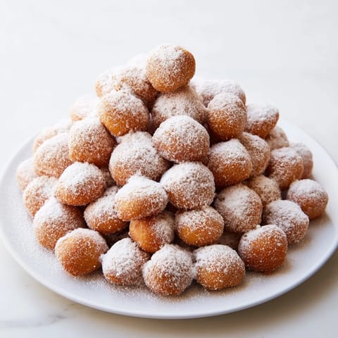 A close-up of a towering, golden powdered donut holes mountain, perfect for dessert time bliss.