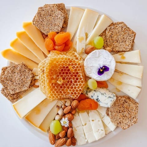 Hexagon-shaped cheeses and crackers form a beautiful "Gilded Hive" appetizer for elegant gatherings.