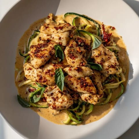 A delicious, plated serving of Marry Me Chicken Zoodles featuring tender chicken & sun-dried tomato sauce.