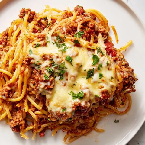 Warm, cheesy Tini's Baked Spaghetti with a layer of meat sauce, pictured for a satisfying meal.