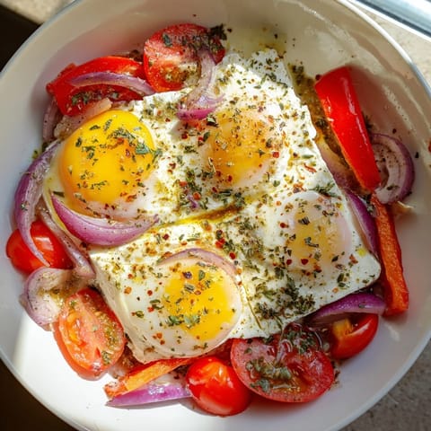 Golden-baked Mediterranean Feta & Eggs with vibrant tomatoes, served with crusty bread perfect for dipping.