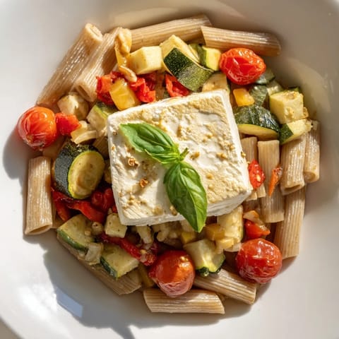 Vibrant image shows the creamy Baked Feta Pasta 2.0 tossed with colorful roasted veggies and pasta.
