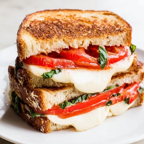 Golden, gooey Tomato Basil Grilled Cheese sandwich, a comfort food classic with fresh tomato.