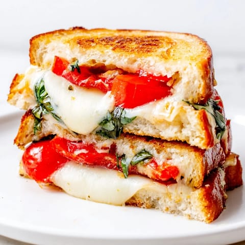 Imagine layers of melted mozzarella in this warm and delicious Tomato Basil Grilled Cheese, ready to eat.