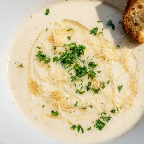Creamy Garlic Bread Soup simmering in a pot, ready to blend into a smooth, comforting meal.