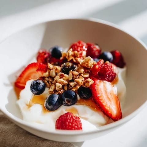 Sweet and spicy Cottage Cheese Hot Honey Bowl with a drizzle of fiery honey, served for a quick breakfast.