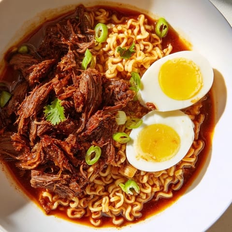 Tender, spiced beef beautifully tops a bowl of Chaos Cooking Birria Ramen, a fusion of flavors.