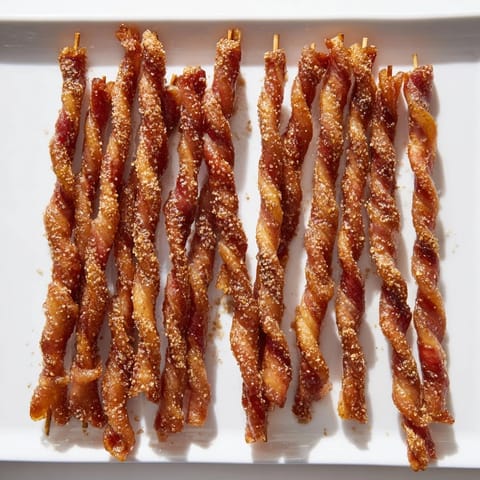 A close-up of Spiced Bacon Twists, their twists glistening with spiced sugar and a hint of cayenne heat.