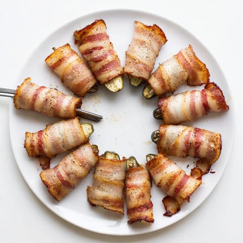 Baked bacon-wrapped dill pickles garnished with smoky paprika and fresh herbs on a rustic board.