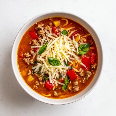 Golden Italian sausage and colorful peppers simmer in rich tomato broth, creating a cozy Pizza Soup perfect for chilly evenings.