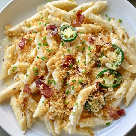 A fork twists through cheesy jalapeño popper pasta, showcasing creamy cheddar sauce and vibrant green roasted jalapeño slices.