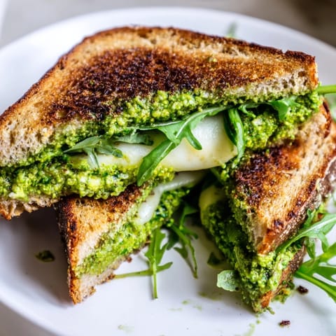 Golden-brown sourdough grilled cheese slices layered with vibrant green spring pea pesto and melted mozzarella, served on a rustic plate.