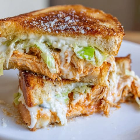Freshly grilled Buffalo Chicken Caesar Grilled Cheese sandwich stacked on a plate, drizzled with buffalo sauce.
