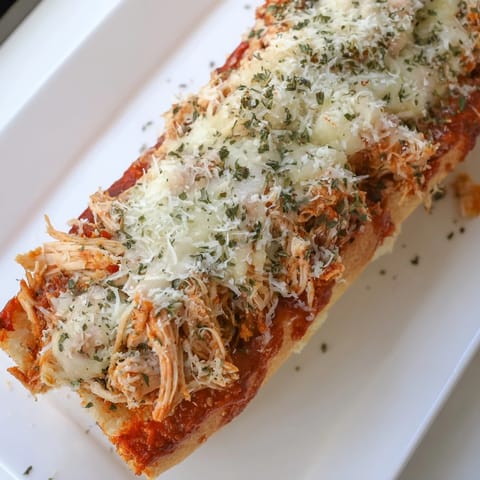 Slice of gooey Chicken Parm Stuffed Garlic Bread revealing tender chicken and marinara inside the golden crust.