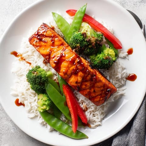 Golden Maple Soy Glazed Salmon atop steamed jasmine rice with vibrant broccoli, snap peas, and red peppers.