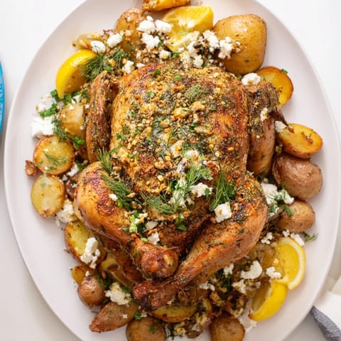 Whole Roasted Chicken with Pot Potatoes, Lemon Herbs, and Feta is garnished with crumbled feta and dill on a rustic table.
