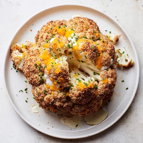 A slice reveals the melted mozzarella and Parmesan center of a Cheesy Stuffed Cauliflower Head, garnished with chives.  