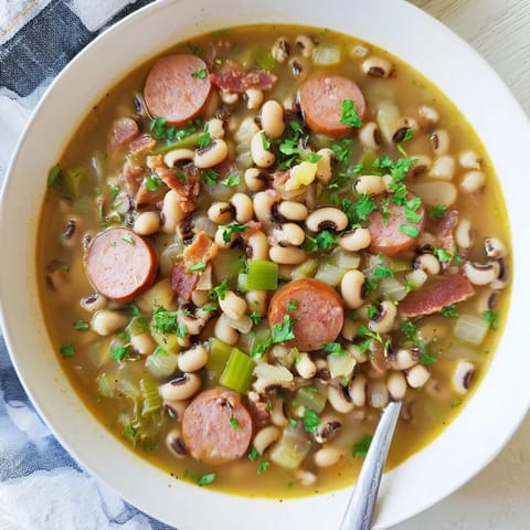Golden Southern black-eyed peas simmer with smoky sausage, bacon, and aromatics in a hearty pot, ready to serve over steamed rice.