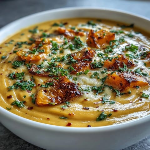 Creamy Butternut Squash Broccoli Cheddar Soup garnished with extra sharp cheddar and a rustic slice of crusty bread.