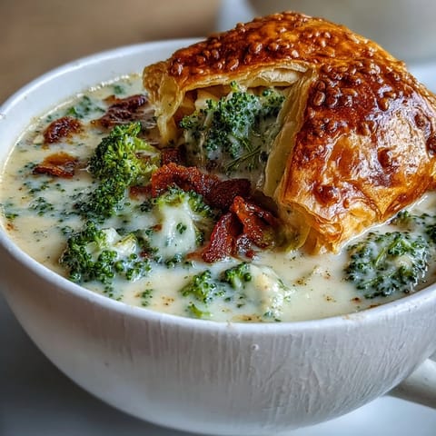 Thick, velvety Broccoli and Butternut Squash Soup served alongside a rustic, oven-baked puff pastry stuffed with brie.
