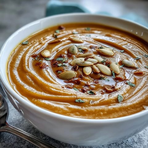 Golden-hued Butternut Squash and Apple Soup swirls with a drizzle of cream beside warm crusty bread for dipping.