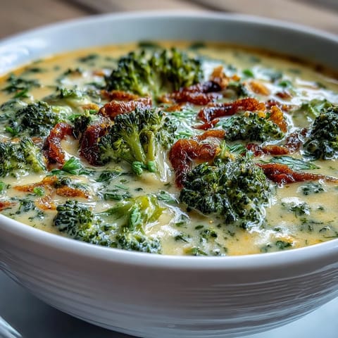 A steaming bowl of Roasted Broccoli Cheddar Soup topped with extra cheese, ready to be served with crusty bread for dipping.