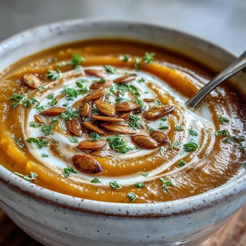 Close-up of Easy Roasted Butternut Squash Soup with a heavy cream swirl, served with crusty bread.