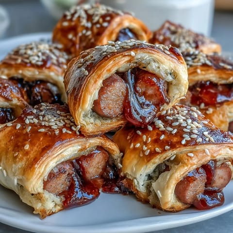 Juicy sausages wrapped in flaky puff pastry with a glossy pepper jelly glaze.