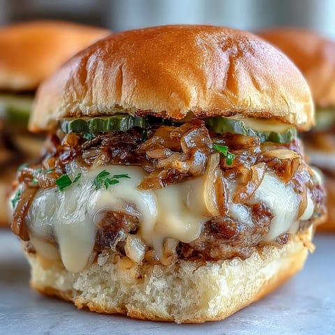 A close-up of baked Touchdown Brat Sliders with bubbly cheese, pickles, and sesame seed bun tops, perfect for a game day party spread.