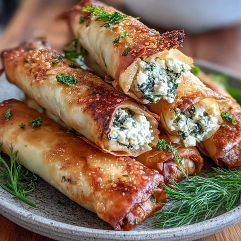 Tightly rolled Spanakopita Spring Rolls with golden-brown wrappers, resting on parchment next to fresh lemon wedges.