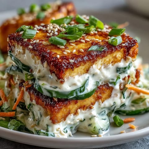 Crispy golden tofu cubes nestled among cool, crunchy cucumber slices and carrots, tossed in a creamy sesame dressing for this Creamy Asian Cucumber Salad with Crispy Tofu.