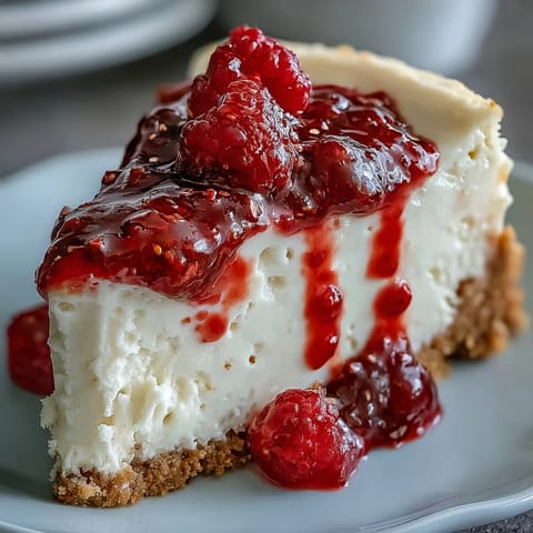 The creamy white chocolate cheesecake features a tangy red raspberry swirl over a golden graham cracker crust.