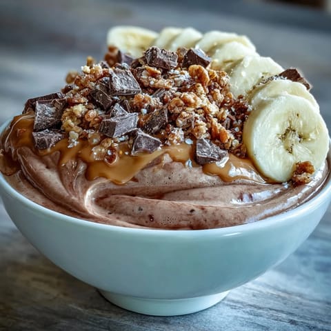Chocolate Peanut Butter Smoothie Bowls garnished with chopped dark chocolate and a drizzle of peanut butter.