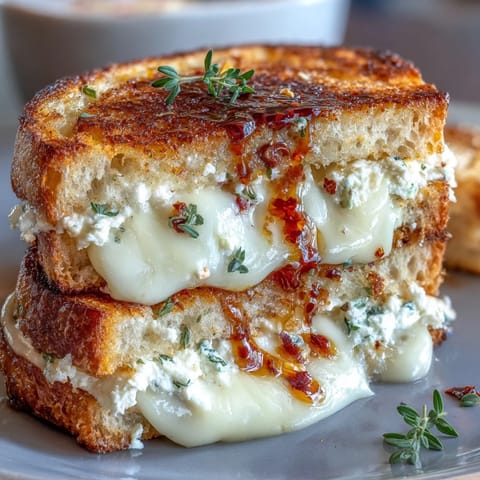 Fresh thyme garnishes the crispy edges of a warm goat cheese grilled cheese with honey and chili flakes.
