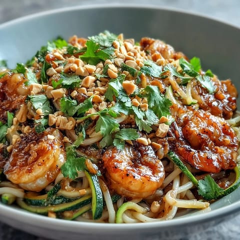 Savory Asian Noodle Bowl served warm with tender shrimp, lime wedges, and sesame peanuts for an easy weeknight dinner.