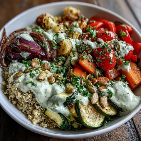 Brightly colored sheet pan roasted vegetables are spooned over warm quinoa in a bowl, topped with a creamy tahini sauce.
