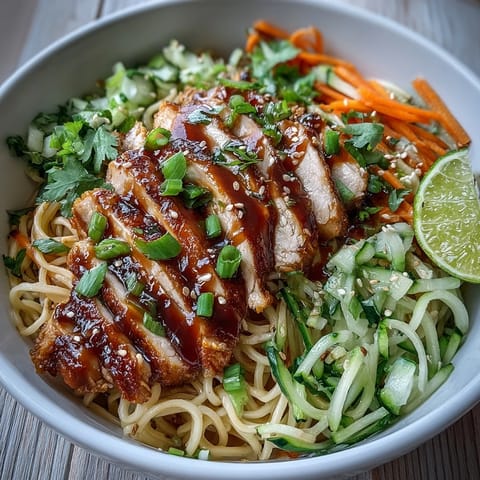 Colorful vegetables and tender chicken sit atop rice noodles, with lime wedges on the side.