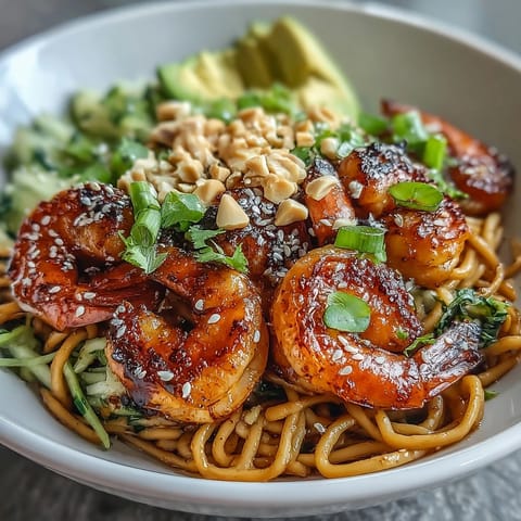 A close-up of Grilled Shrimp Asian Noodle Bowl with lime wedges and crunchy peanuts on a rustic table.