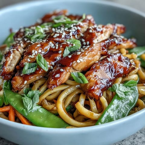 Sesame Chicken Noodle Bowl features tender chicken, crisp bell peppers, and glossy sesame sauce over noodles.