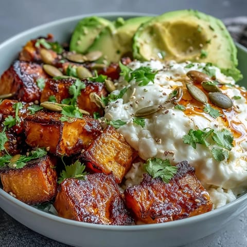 A vibrant Hot Honey Sweet Potato Bowl with smooth cottage cheese and a spicy-sweet hot honey drizzle.