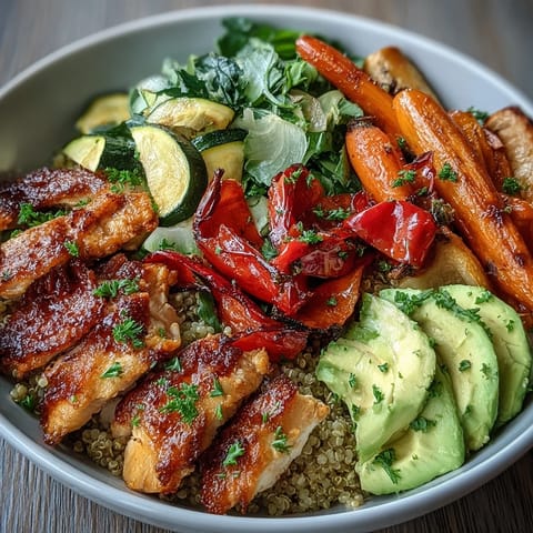 Sliced avocado and a crisp lemon salad top this vibrant Paprika Roasted Vegetable Quinoa Bowl.