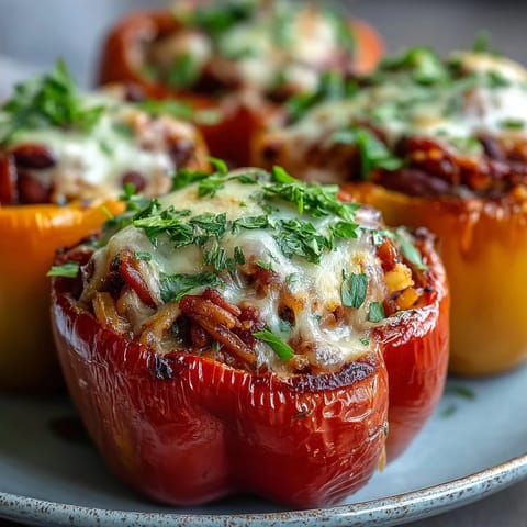 A close-up view shows the golden, bubbly cheese topping on one black-eyed pea stuffed pepper, revealing the savory filling of black-eyed peas, rice, and diced vegetables.