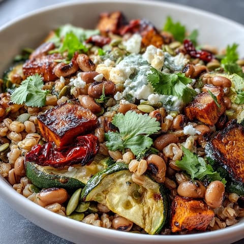 Wholesome black-eyed pea grain bowl layered with wild rice, colorful roasted vegetables, and a sprinkle of toasted pumpkin seeds for crunch.  