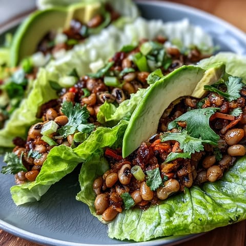 Colorful Black-Eyed Pea Lettuce Wraps featuring seasoned black-eyed peas, crunchy vegetables, and aromatic herbs in crisp lettuce cups.  