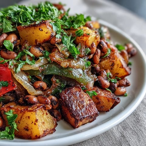 A colorful skillet of roasted black-eyed peas and golden potatoes with sweet peppers and onions, perfect for a hearty vegetarian breakfast.  