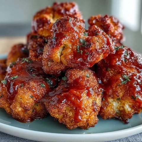 Golden-brown cauliflower florets air-fried to perfection and coated in tangy Buffalo sauce for a plant-based snack.  