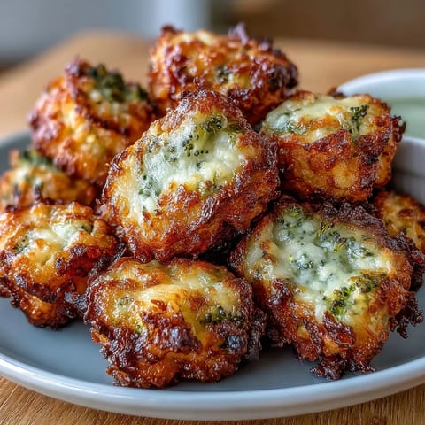 Golden-brown air fryer broccoli tots with cheddar cheese, crispy on the outside and tender inside, served with dipping sauce.  
