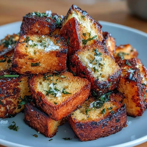 Golden, crunchy sourdough croutons seasoned with garlic and herbs, air-fried to crispy perfection for salads or soups.