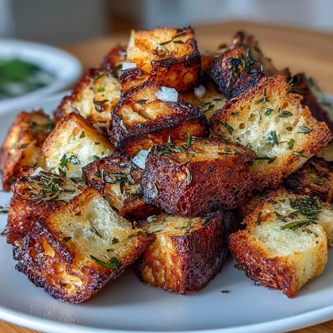 Crispy air-fried sourdough croutons bursting with garlic and herb flavor, a savory topping for your favorite dishes.